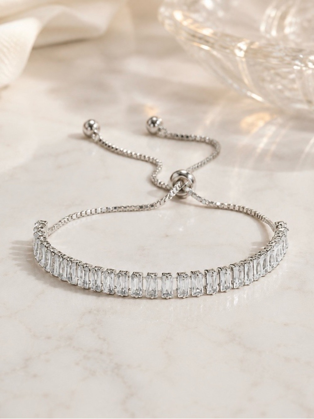 NEW! Elegant Silver Clear Crystal Adjustable Tennis Bracelet.